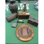 5 various wooden boxes, brass vase, metal pot & a circular wooden frame. Estimate £20-30.