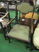 Edwardian mahogany armchair with inlaid floral back splat. Estimate £20-30.