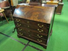 Mahogany bureau on bracket feet with 4 graduated drawers, 99cms x 51cms x 104cms. Estimate £50-80.