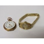 Gold coloured cased small pocket watch with white enamel face and second hand marked Hampden and