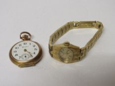 Gold coloured cased small pocket watch with white enamel face and second hand marked Hampden and