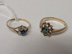 9ct gold ring with centre green stone surround by clear white stones, 2.5 gms, size N & 9ct gold