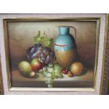 Framed oil on canvas of still life fruit & flagon, signed. Estimate £20-40.