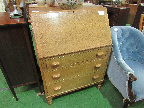 Oak bureau with fitted interior & 3 drawers below, 77cms x 44cms x 107cms. Estimate £50-80.