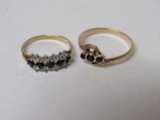 9ct gold ring set with 5 black stones amongst white clear stones, size O & a yellow metal ring set