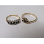 9ct gold ring set with 5 black stones amongst white clear stones, size O & a yellow metal ring set