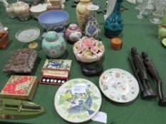 Wedgwood Jasper bowl, 2 ginger jars, 3 vases, 6 boxed mother of pearl buttons, Mahjong counters,