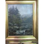 Gilt framed oil on canvas river & mountain scene. Estimate £30-50.