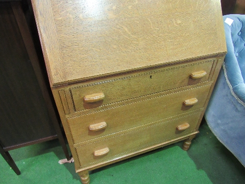 Oak bureau with fitted interior & 3 drawers below, 77cms x 44cms x 107cms. Estimate £50-80. - Image 3 of 3