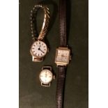 3 ladies watches of various ages, 1x 18ct gold cased, all 3 in working order. Estimate £30-40.