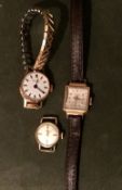 3 ladies watches of various ages, 1x 18ct gold cased, all 3 in working order. Estimate £30-40.