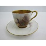Royal Worcester porcelain coffee cup and saucer decorated with pheasants, with heavily gilded