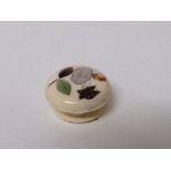 Circular ivory button decorated with mother of pearl & stone inlay of flowers & insects (1 flower