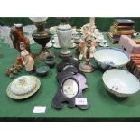 3 vintage table lamps, Copeland Spode bowl & cover (a/f), other china ware & misc objects.