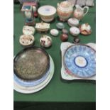 Qty of ornaments including 3 painted blown eggs & 18th century Worcester plate, a/f. Estimate £5-