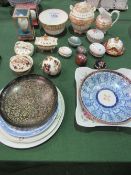 Qty of ornaments including 3 painted blown eggs & 18th century Worcester plate, a/f. Estimate £5-