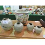 4 graduated stoneware pots & a large oriental pot. Estimate £10-20.