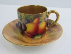 Royal Worcester coffee cup and saucer of painted fruit and foliage (REF 34)