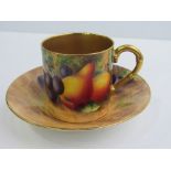 Royal Worcester coffee cup and saucer of painted fruit and foliage (REF 34)