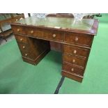 Walnut veneer writing desk with leather top inset, 80cms x 120cms x 59cms. Estimate £30-50.