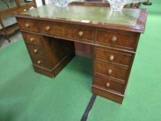 Walnut veneer writing desk with leather top inset, 80cms x 120cms x 59cms. Estimate £30-50.