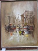 Framed oil on canvas harbour scene, signed John Bompfield