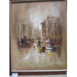 Framed oil on canvas harbour scene, signed John Bompfield