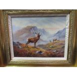 Gilt framed oil on board of a stag in the Highlands 'Monarch of the Glen', 41cms x 48cms.