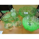 Green glass dressing table set & other green glass ware. Estimate £5-10.