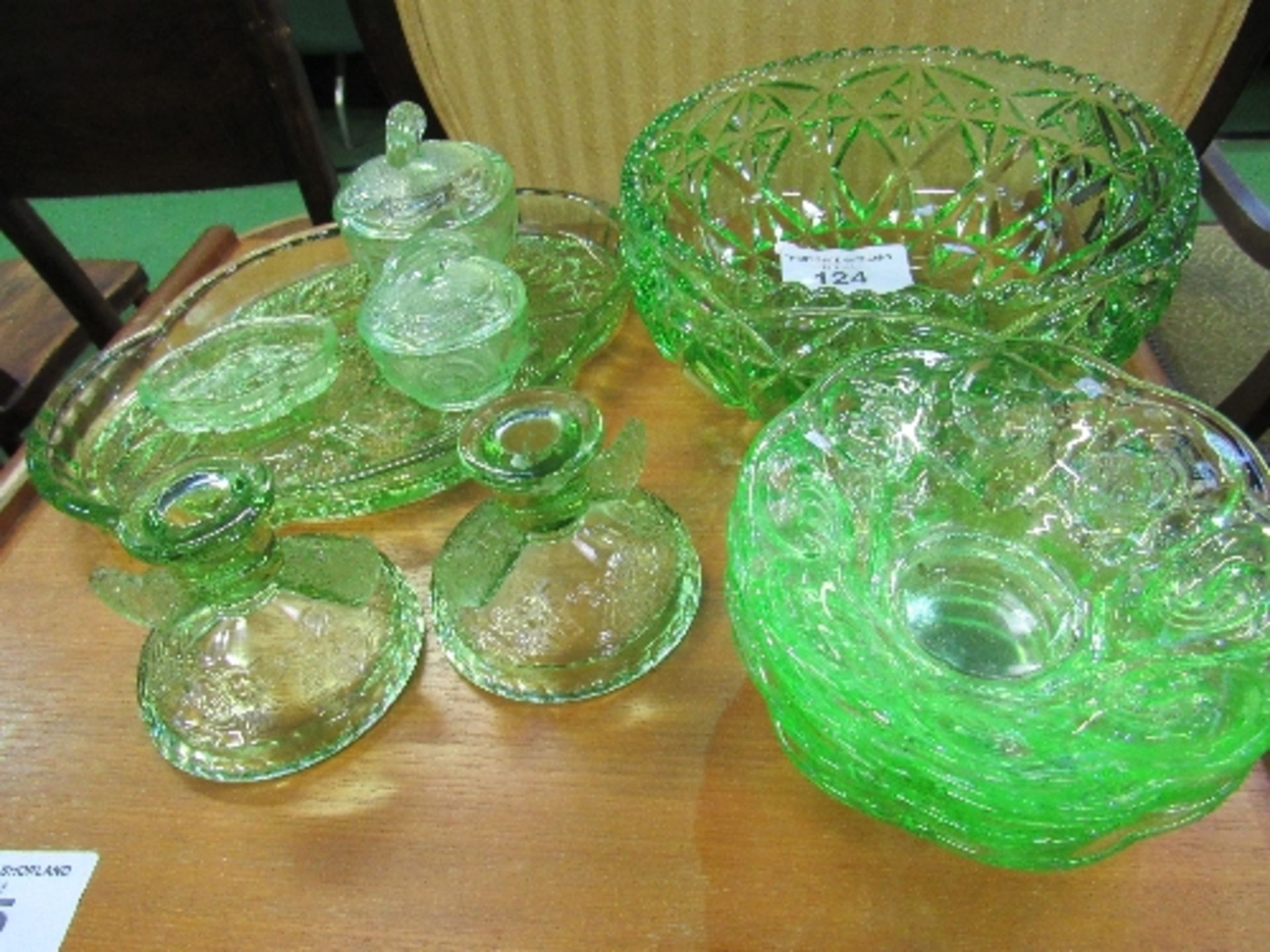 Green glass dressing table set & other green glass ware. Estimate £5-10.