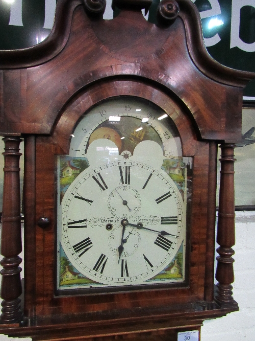 Parquetry long cased clock circa 1840 with enamelled face, moon faced dial, hand painted - Image 2 of 4