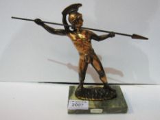 Bronze finish Grecian Warrior with spear on variegated marble base. Estimate £10-20.