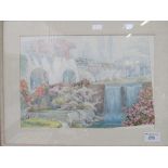 Framed & glazed watercolour of ornate garden scene with waterfall signed by the artist. Estimate £