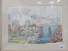 Framed & glazed watercolour of ornate garden scene with waterfall signed by the artist. Estimate £