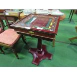 Mahogany Monopoly games table on pedestal c/w game pieces. Estimate £100-120.
