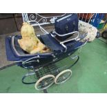 Silver Cross doll's blue pram with bag & 3 mohair bears. Estimate £30-50.