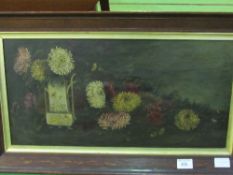 2 framed oils on canvas signed Violet E Tyler, 1908 - 1 chrysanthemums & 1 roses. Estimate £20-30.