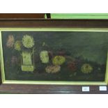 2 framed oils on canvas signed Violet E Tyler, 1908 - 1 chrysanthemums & 1 roses. Estimate £20-30.