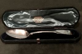 Irish silver tablespoon in case by Neville Samuel, 1799, wt 38gms. Estimate £40-50.