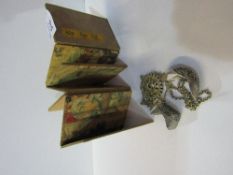 Chinese 'adult' illustrated miniature screen, a Chinese white metal necklace & 2 Chinese white metal