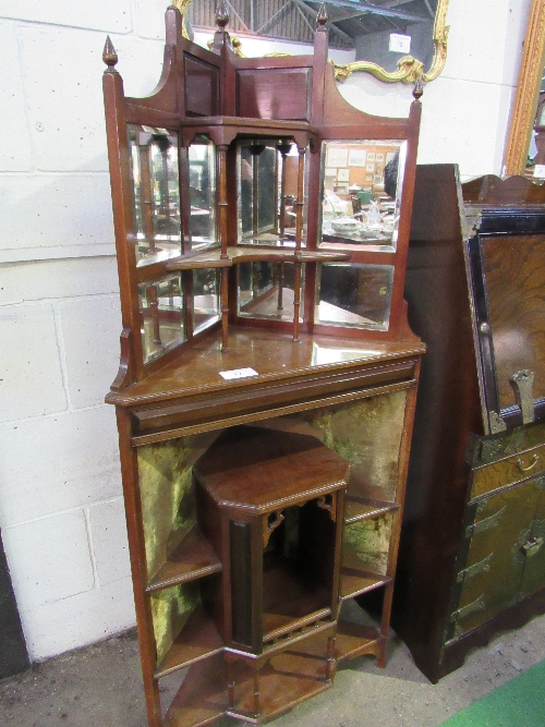 Victorian mahogany corner unit with mirror back to top above 4 shelves & centre storage compartment,