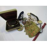 Lady's fine chain evening bag, 5 various watches, various badges & a pearl necklace. Estimate £20-