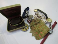 Lady's fine chain evening bag, 5 various watches, various badges & a pearl necklace. Estimate £20-