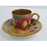 Royal Worcester coffee cup and saucer of painted fruit and foliage (REF 35)