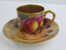 Royal Worcester coffee cup and saucer of painted fruit and foliage (REF 35)