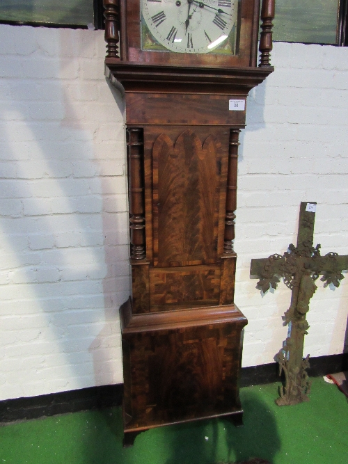 Parquetry long cased clock circa 1840 with enamelled face, moon faced dial, hand painted - Image 4 of 4