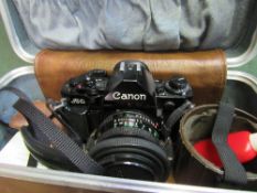 Canon A-1 camera & lens, Hanimex Maxcro lens, Hanimex auto2X converter lens & Kalmar Maxcro 62mm