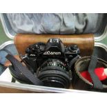 Canon A-1 camera & lens, Hanimex Maxcro lens, Hanimex auto2X converter lens & Kalmar Maxcro 62mm