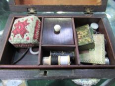 Small rosewood sewing box c/w contents including ivory handled tools. Estimate £20-30.