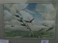 Framed & glazed watercolour of a Mosquito air plane signed Val Bennett. Estimate £40-60.